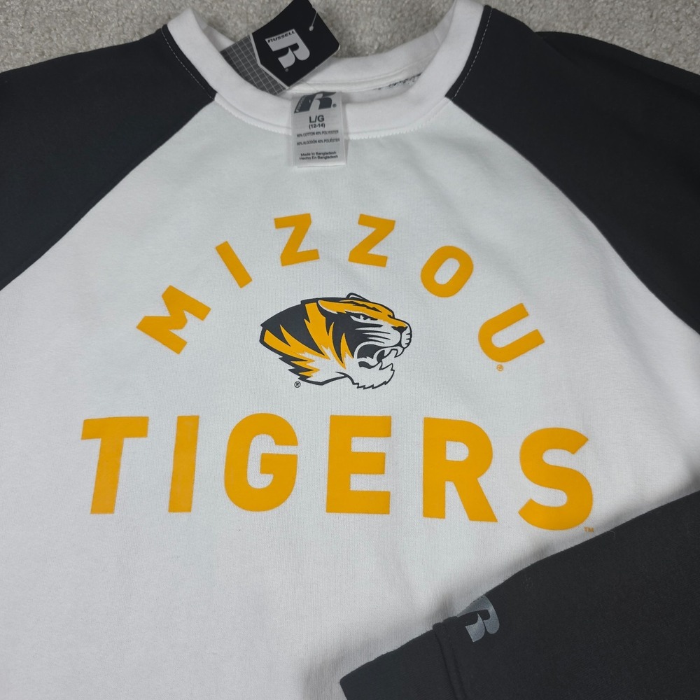 Russell Athletic Mizzou Tigers Kids Size L 12-14 White Black Raglan Sweatshirt